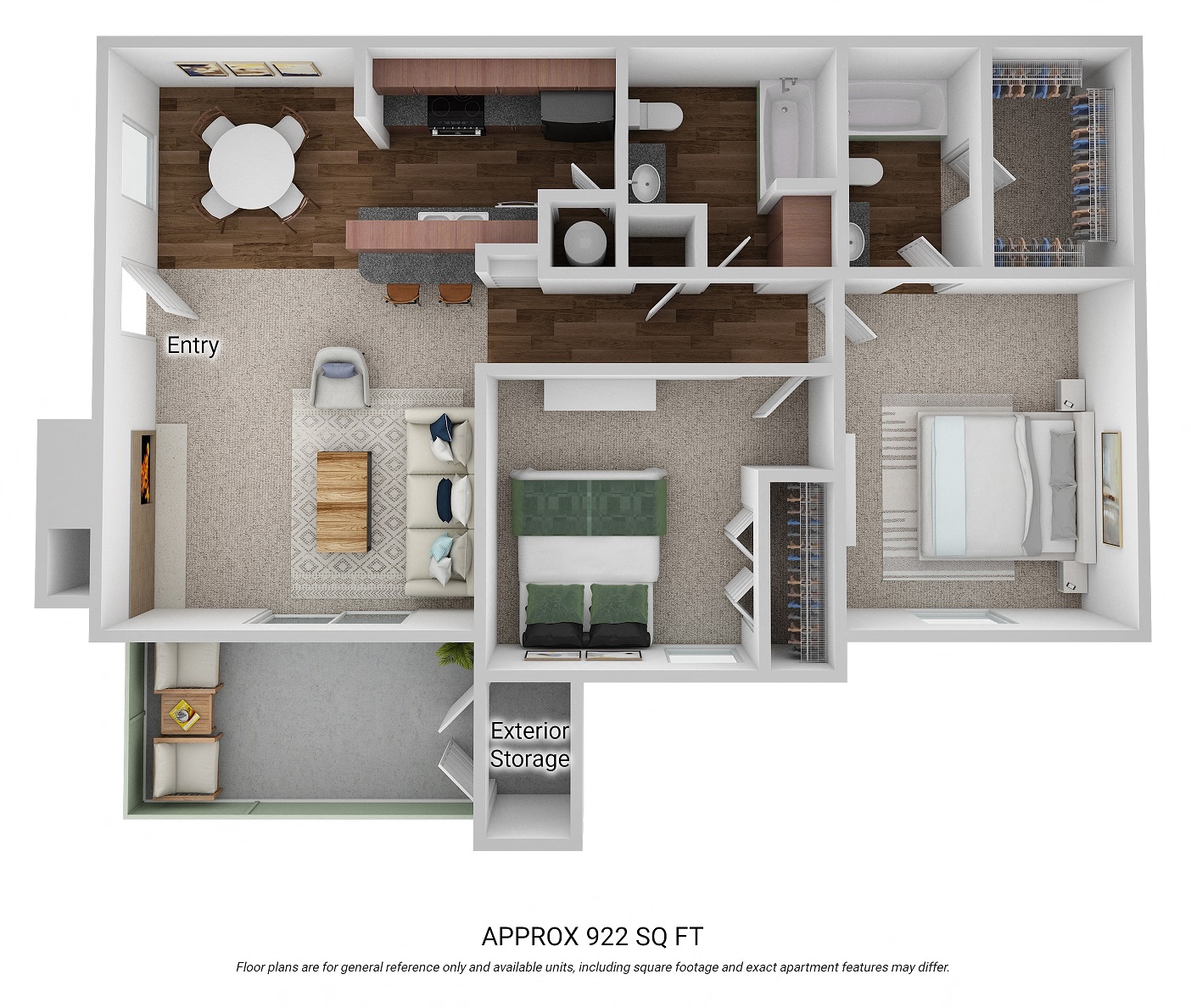 Floor plan for 2 beds, 2 baths, 922 sqft